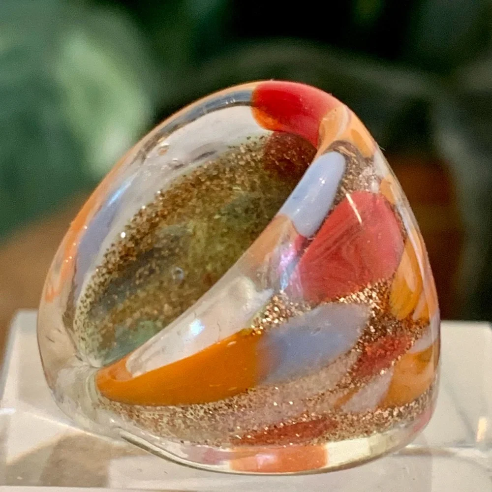 Vintage Murano Style Art Glass Hand Blown Lampwork Confetti Dome Ring Size 7